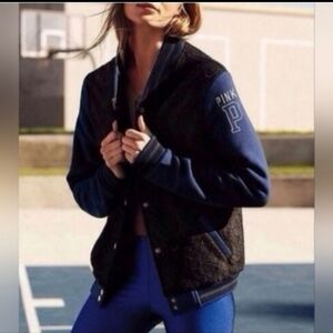Victoria's secret PINK black lace blue button down varsity jacket